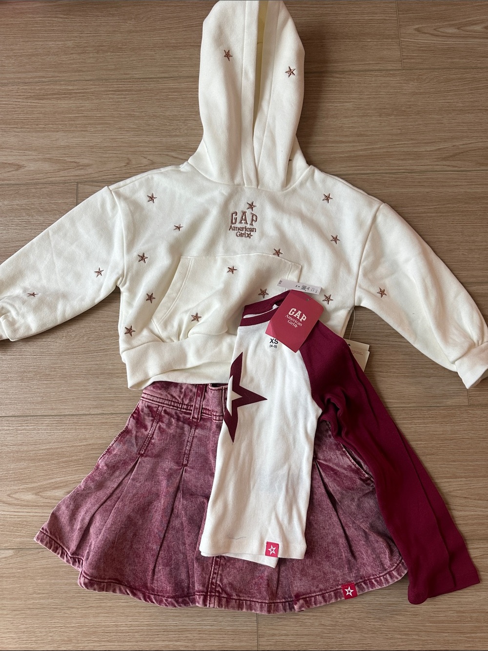 American Girl Cream Hoodie with Maroon Star Top & Maroon Skirt Set